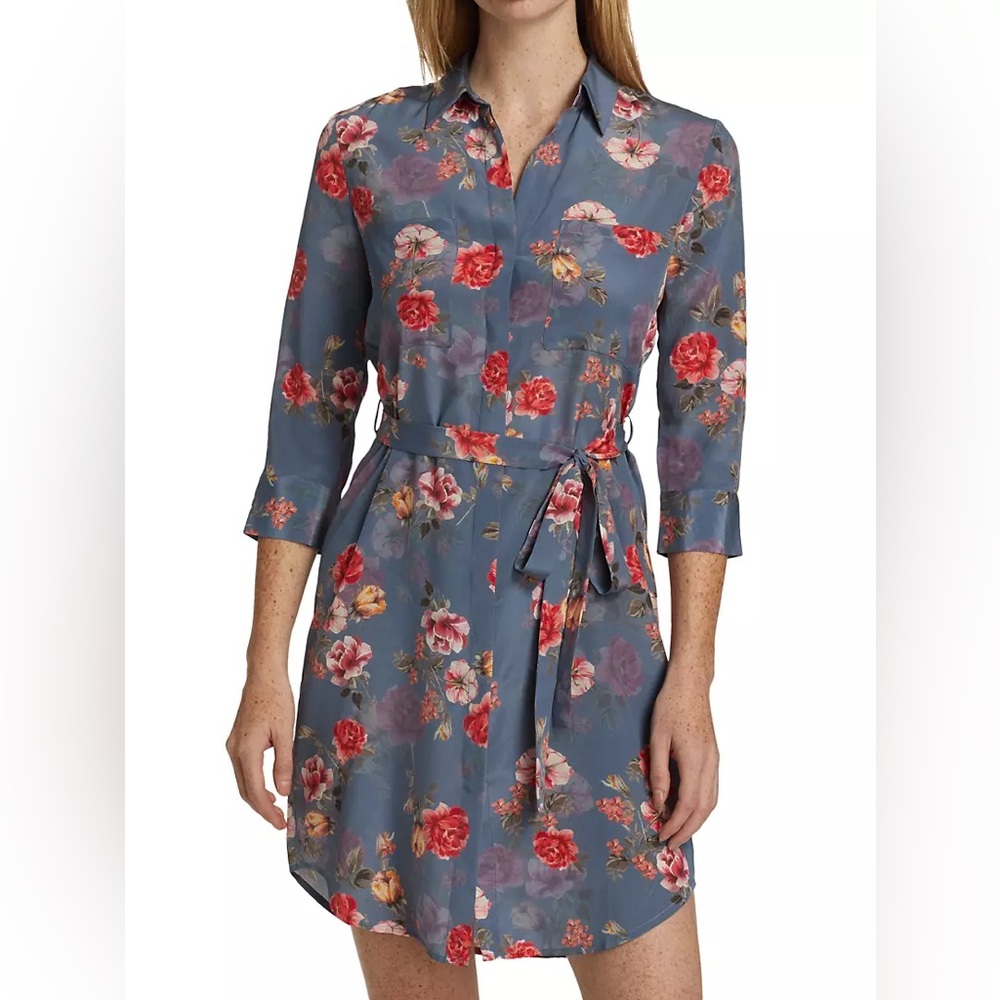 L’AGENCE Stella Floral Silk Shirtdress in Antique Rose Button Front